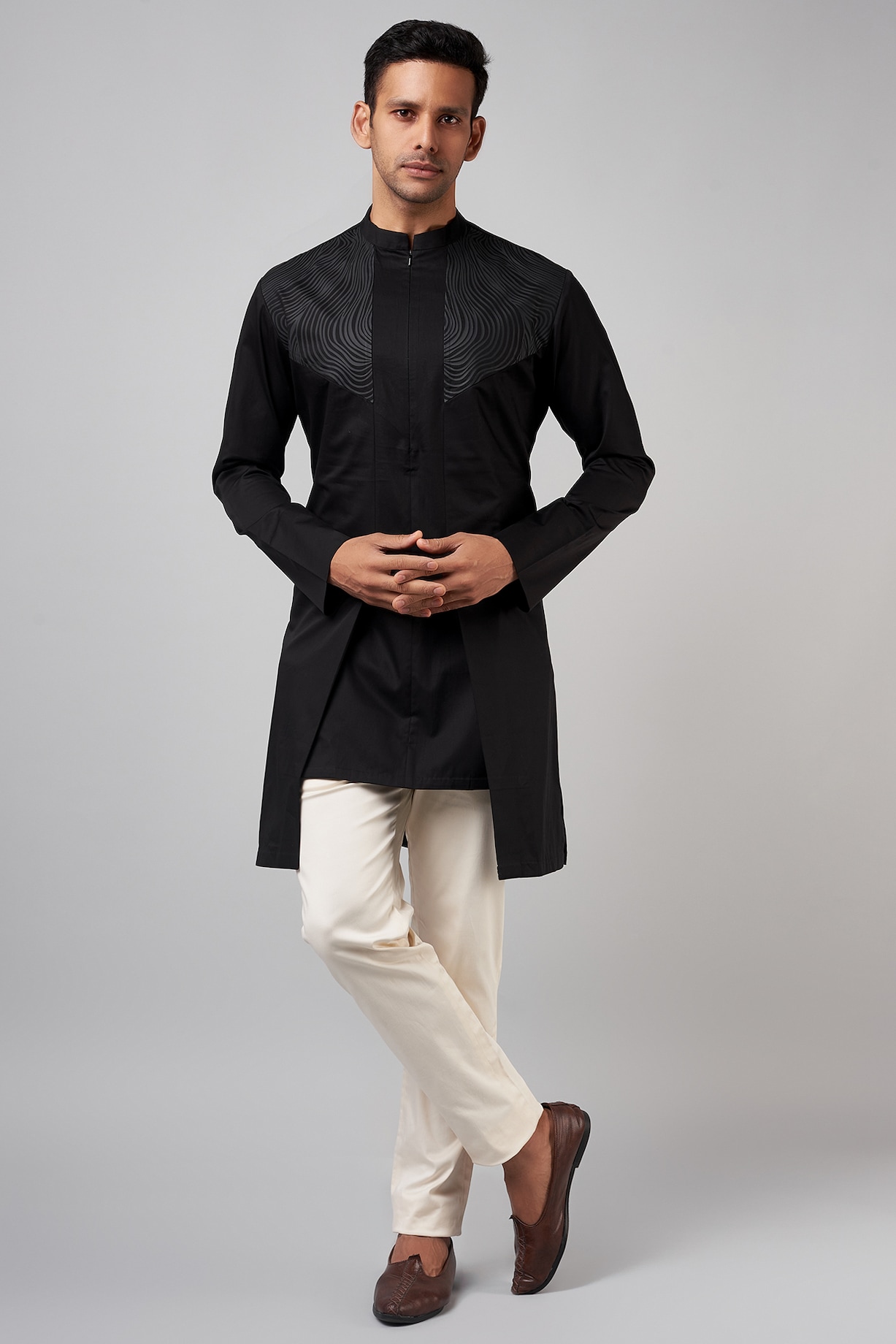 Black Mesh Fabric & Cotton Satin Longline Shirt Design by Amit Aggarwal Men  at Pernia's Pop Up Shop 2024