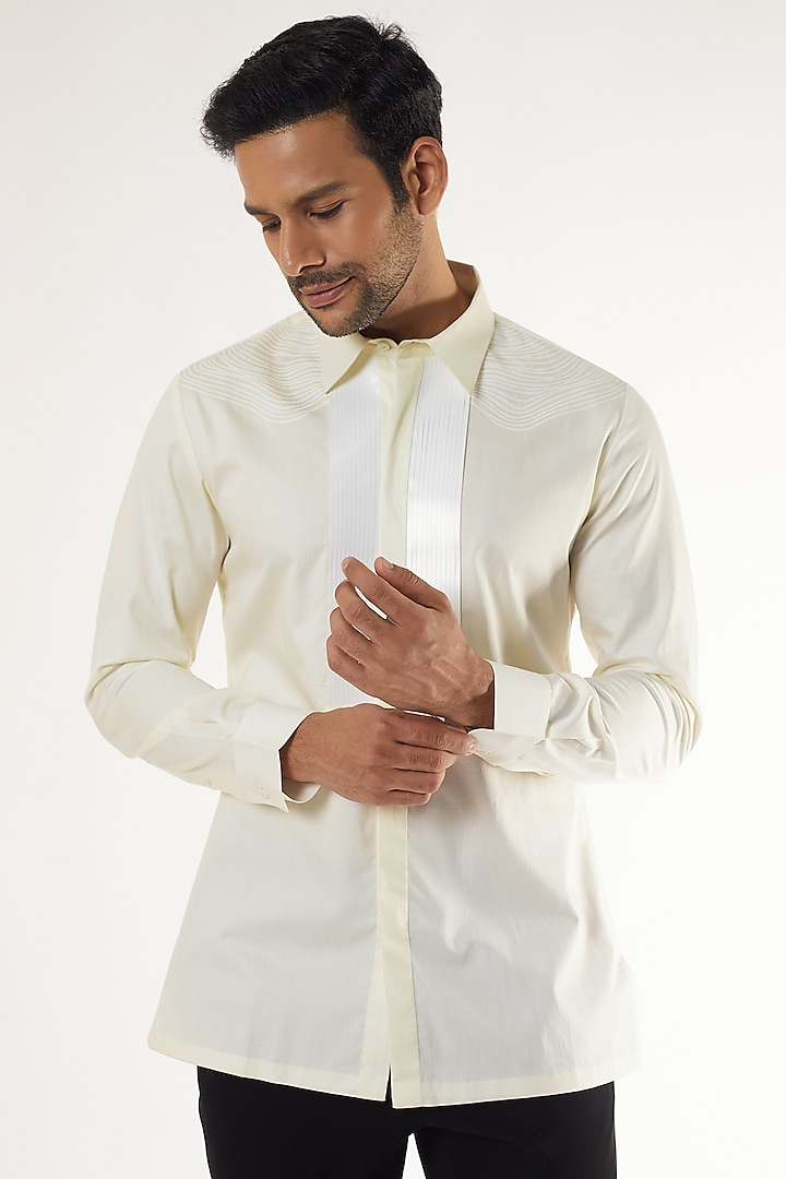 White Cotton Satin Structured Shirt by Amit Aggarwal Men