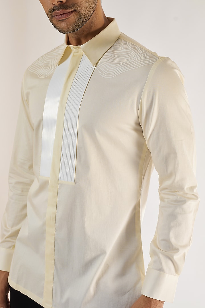 White Cotton Satin Polymer Structured Wedding Shirt by Amit Aggarwal Men at Pernia's Pop Up Shop