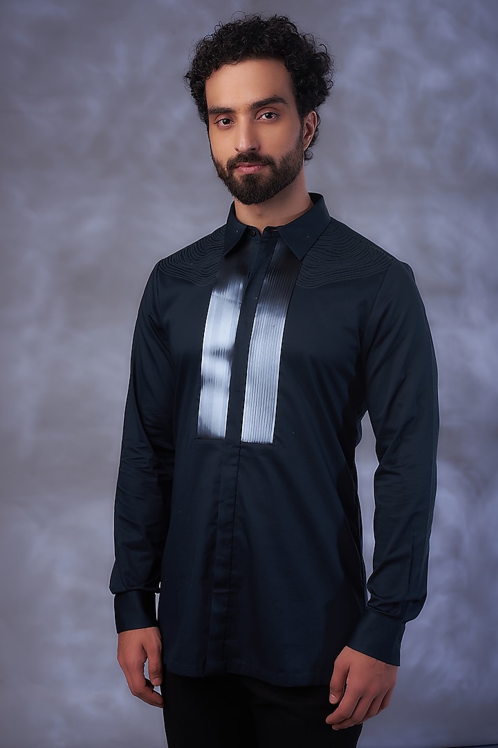 Ink blue Cotton Satin Structured Wedding Shirt by Amit Aggarwal Men at Pernia's Pop Up Shop