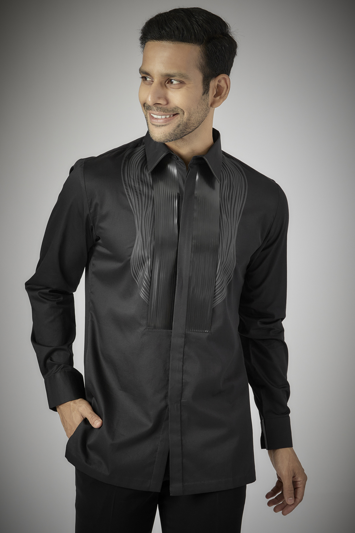 Black Cotton Satin Hand Woven Shirt by Amit Aggarwal Men