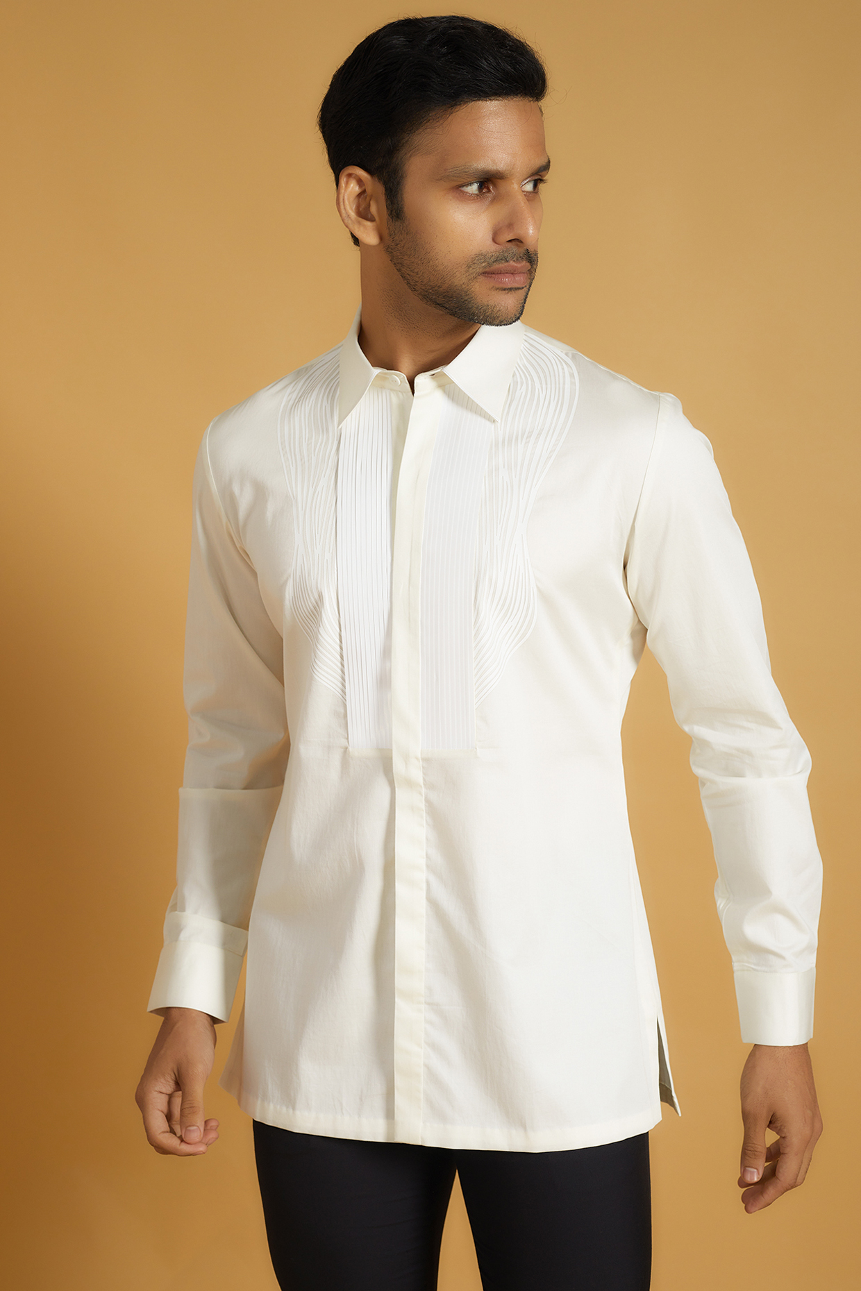 White Cotton Satin Structured Shirt by Amit Aggarwal Men