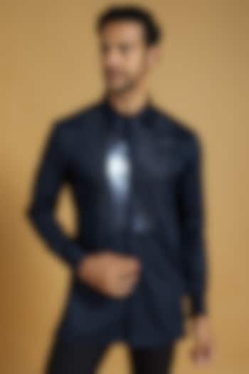 Navy Blue Cotton Satin Structured Shirt by Amit Aggarwal Men