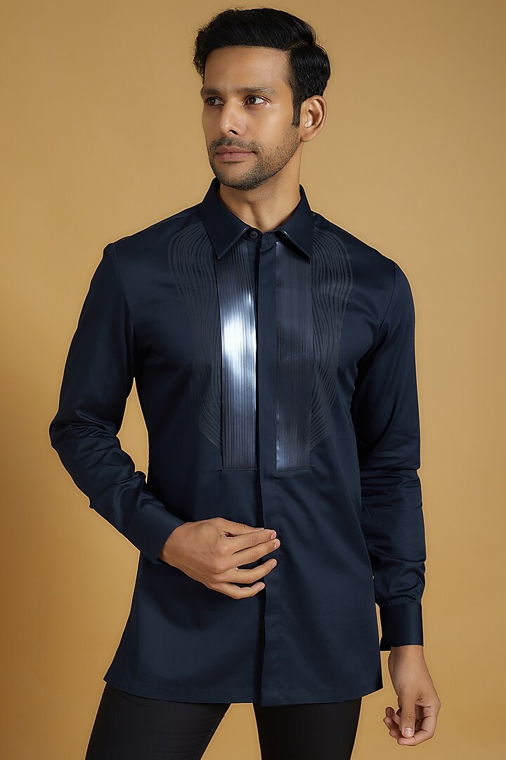 Navy Blue Cotton Satin Structured Shirt by Amit Aggarwal Men