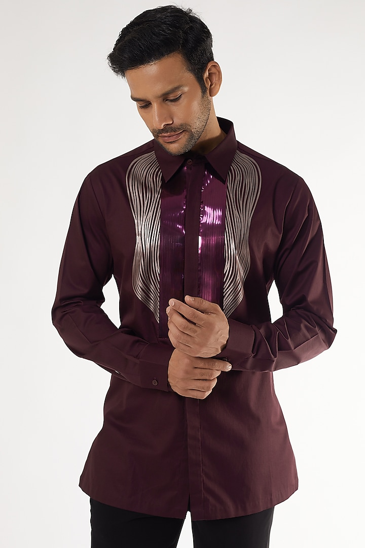 Plum Cotton Satin Structured Shirt by Amit Aggarwal Men