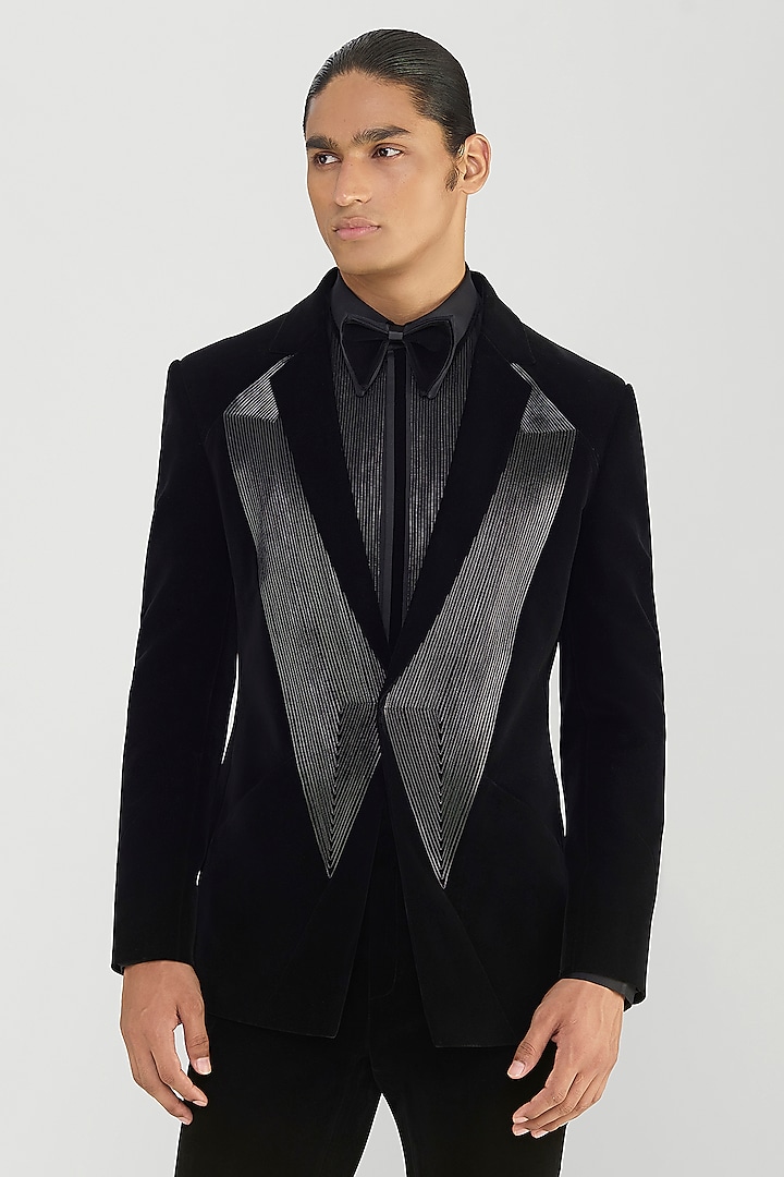 Black Velvet Tuxedo Set by Amit Aggarwal Men at Pernia's Pop Up Shop