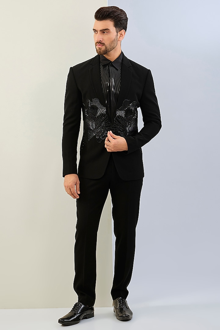 Black Suiting Fabric Glass Bead Tuxedo Set by Amit Aggarwal Men