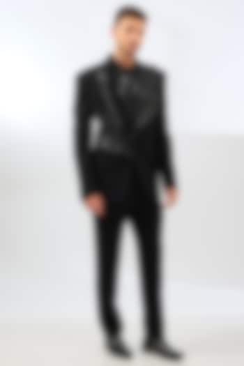 Black Satin & Suiting Corded Leaf Tuxedo Set by Amit Aggarwal Men