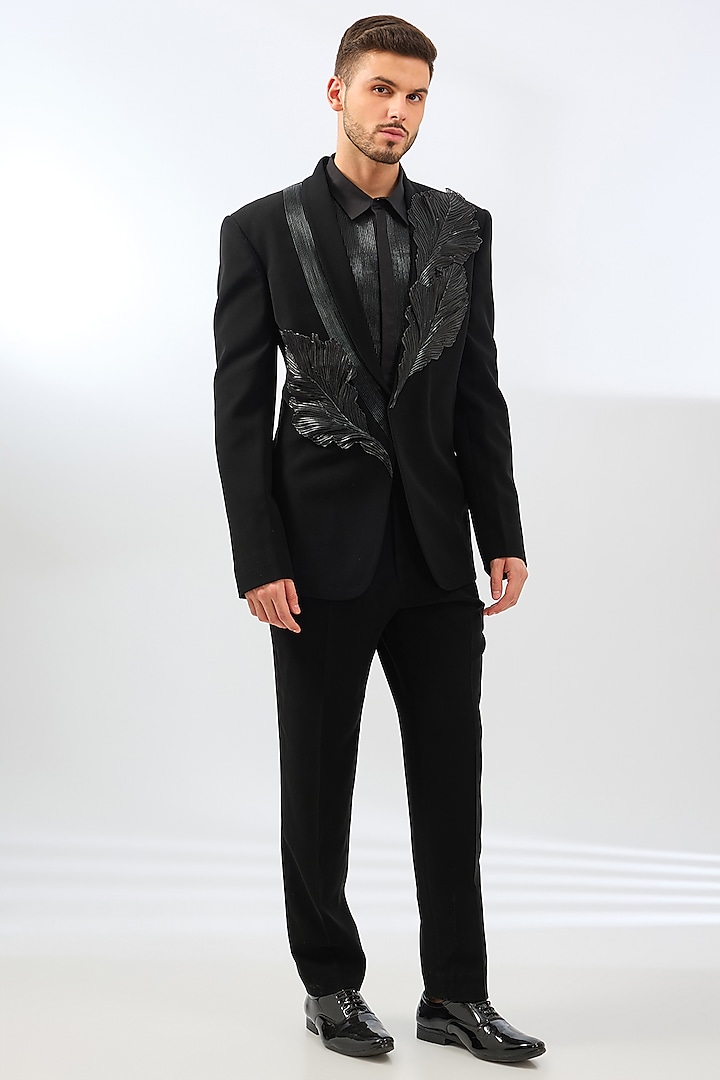 Black Satin & Suiting Corded Leaf Tuxedo Set by Amit Aggarwal Men