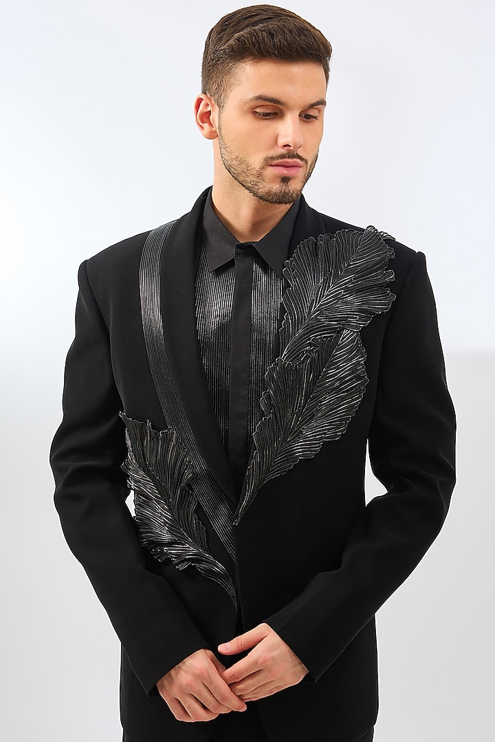 Black Satin & Suiting Corded Leaf Tuxedo Set by Amit Aggarwal Men at Pernia's Pop Up Shop