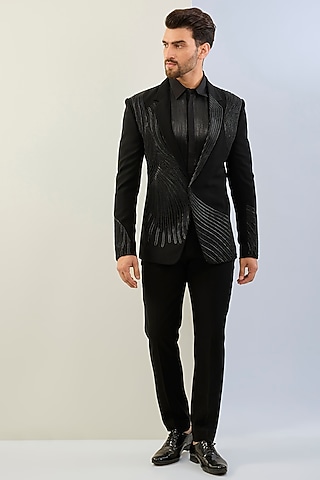 green emerald velvet dress Black Men's Tuxedo with Embroidery