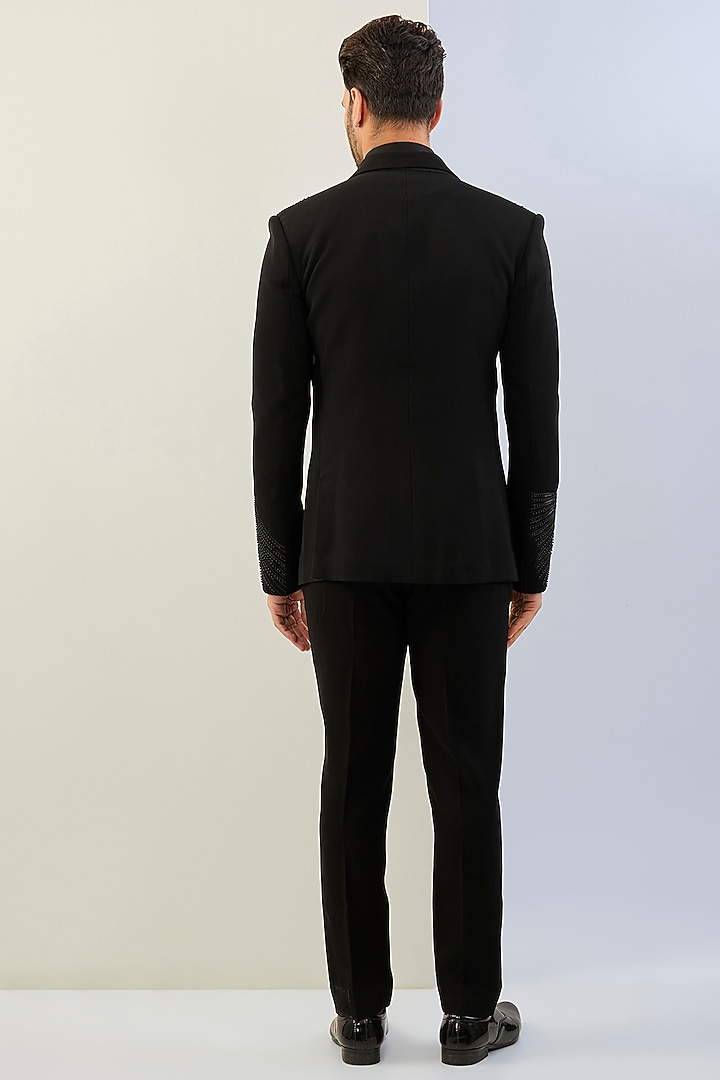 Black Suiting Fabric Glass Bead Tuxedo Set by Amit Aggarwal Men at Pernia's Pop Up Shop