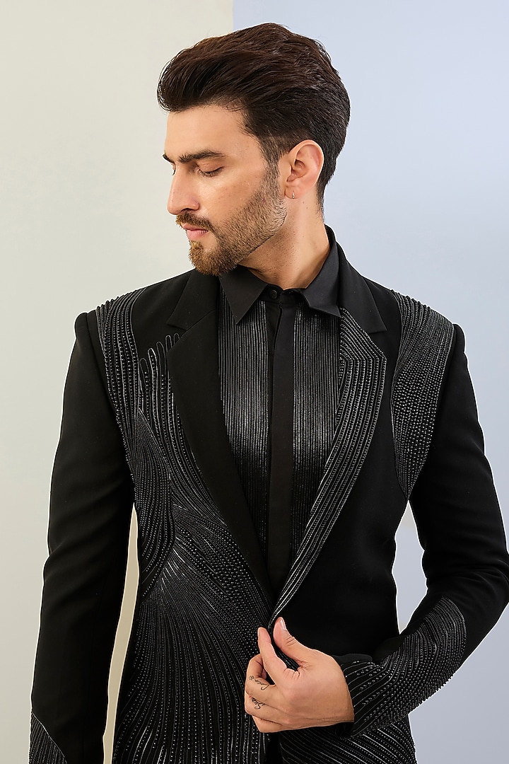 Black Suiting Fabric Glass Bead Tuxedo Set by Amit Aggarwal Men at Pernia's Pop Up Shop