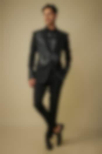Black Suiting Fabric Glass Beaded Work Tuxedo Set by Amit Aggarwal Men at Pernia's Pop Up Shop