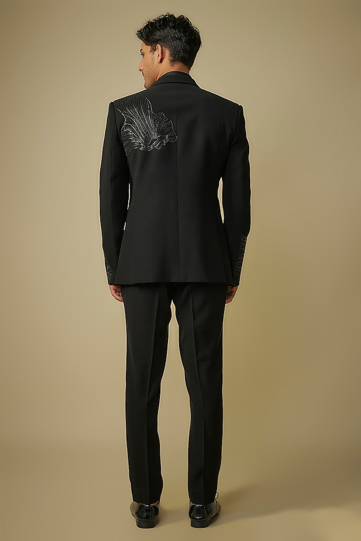Black Suiting Fabric Glass Beaded Work Tuxedo Set by Amit Aggarwal Men at Pernia's Pop Up Shop