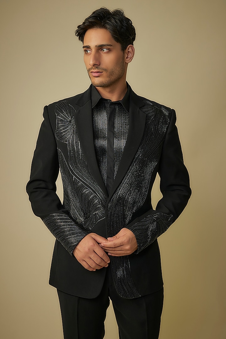 Black Suiting Fabric Glass Beaded Work Tuxedo Set by Amit Aggarwal Men at Pernia's Pop Up Shop