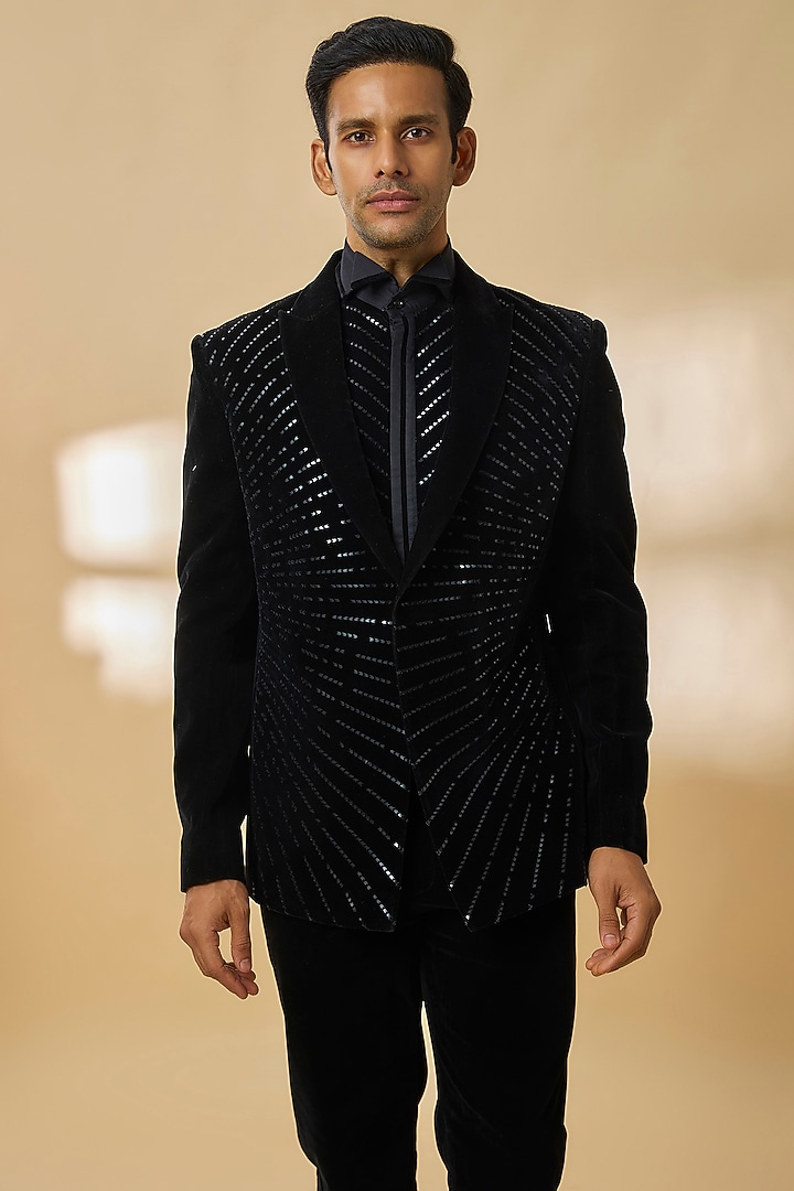 Black Velvet Tuxedo Set by Amit Aggarwal Men at Pernia's Pop Up Shop
