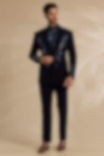 Ink Blue Velvet & Satin Cotton Tuxedo Set by Amit Aggarwal Men