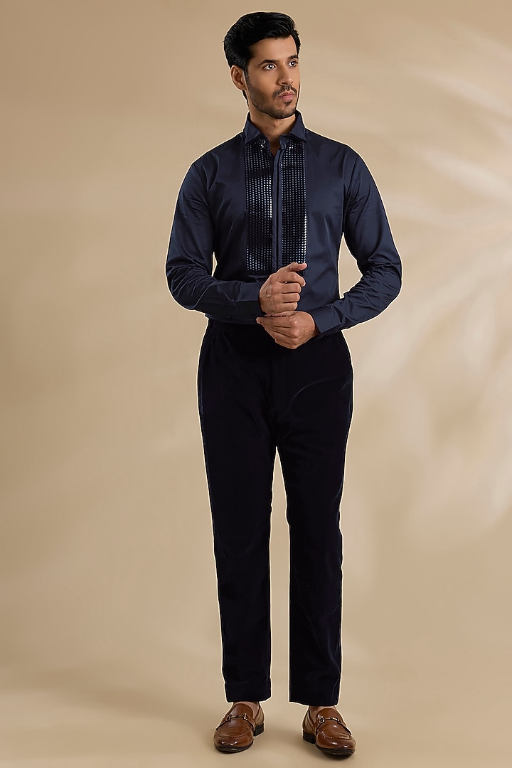 Ink Blue Velvet & Satin Cotton Tuxedo Set by Amit Aggarwal Men at Pernia's Pop Up Shop