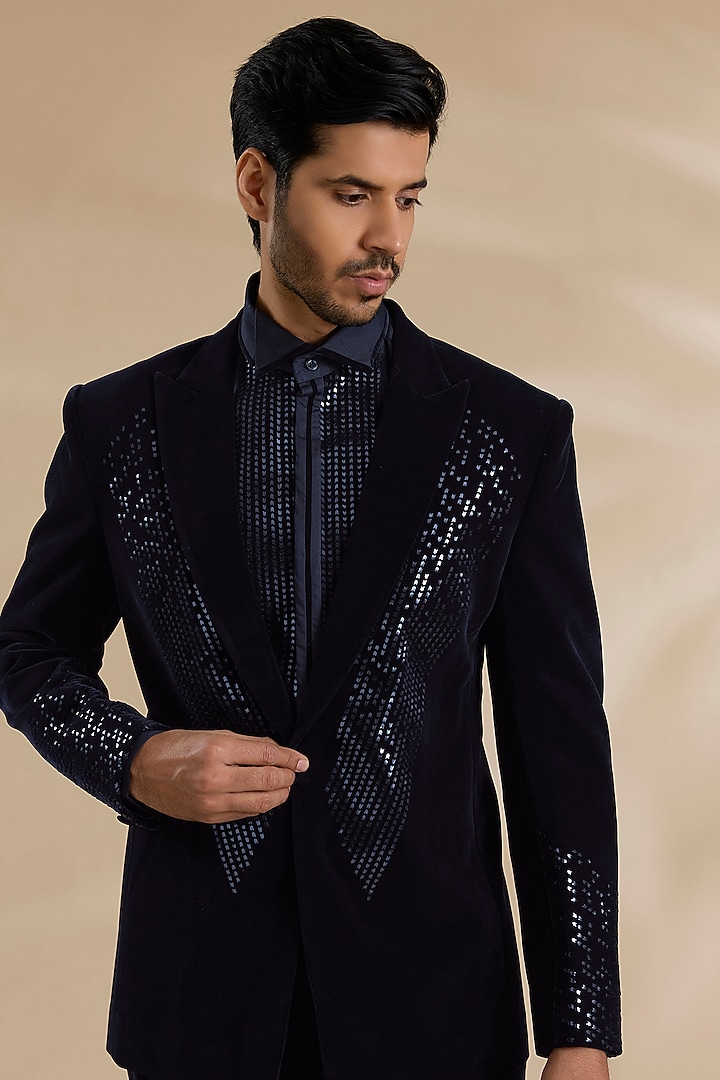Ink Blue Velvet & Satin Cotton Tuxedo Set by Amit Aggarwal Men at Pernia's Pop Up Shop