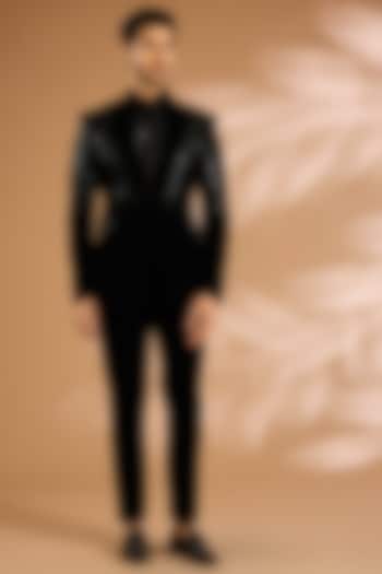 Black Velvet Tuxedo Set by Amit Aggarwal Men at Pernia's Pop Up Shop