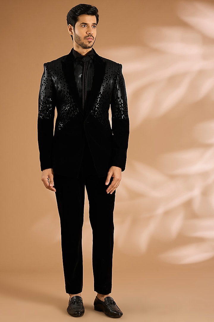 Black Velvet Tuxedo Set by Amit Aggarwal Men at Pernia's Pop Up Shop