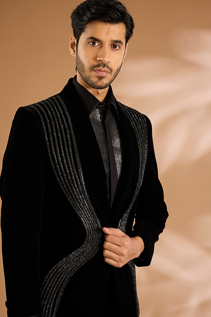Black Velvet Tuxedo Set by Amit Aggarwal Men at Pernia's Pop Up Shop