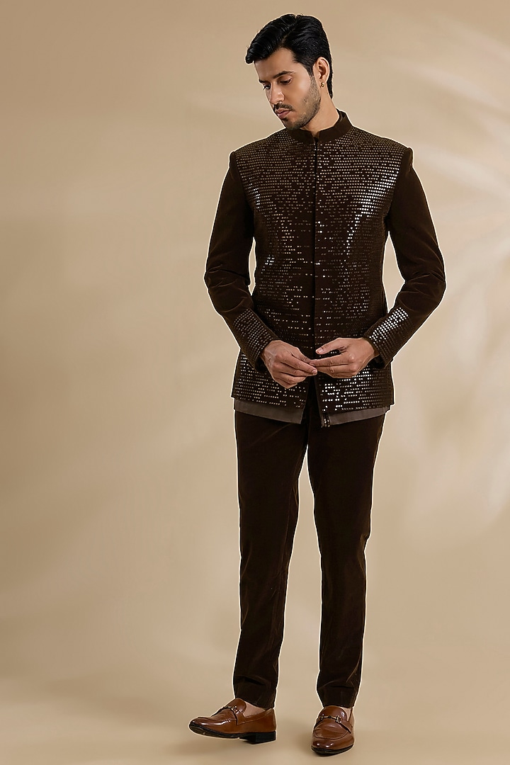Brown Velvet & Satin Cotton Bandhgala Set by Amit Aggarwal Men at Pernia's Pop Up Shop