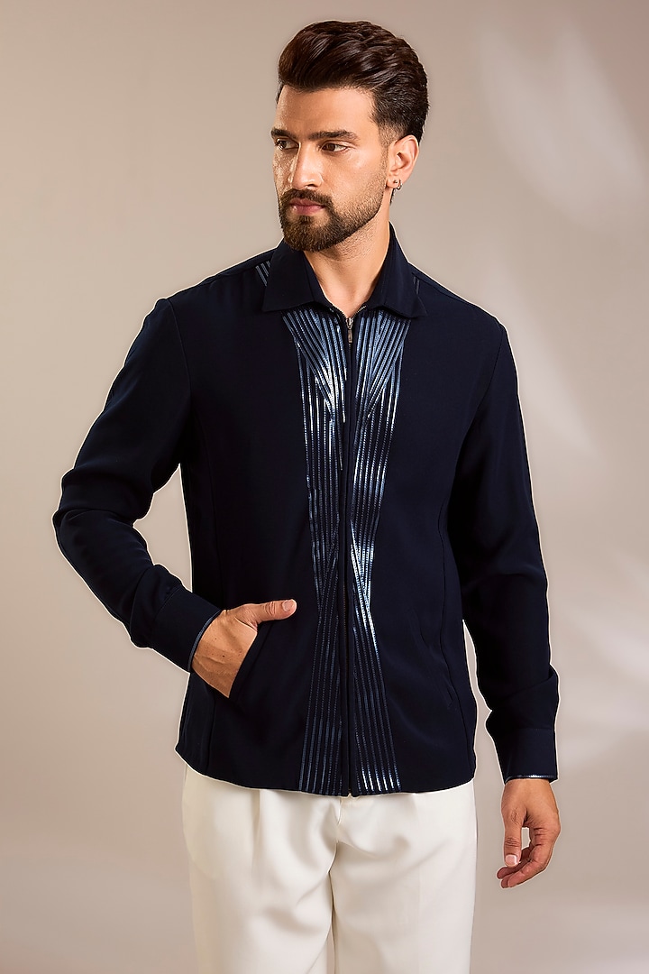 Ink Blue Crepe Jacket by Amit Aggarwal Men at Pernia's Pop Up Shop