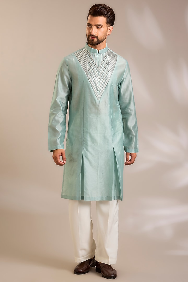 Ice Blue Chanderi Silk Kurta by Amit Aggarwal Men at Pernia's Pop Up Shop