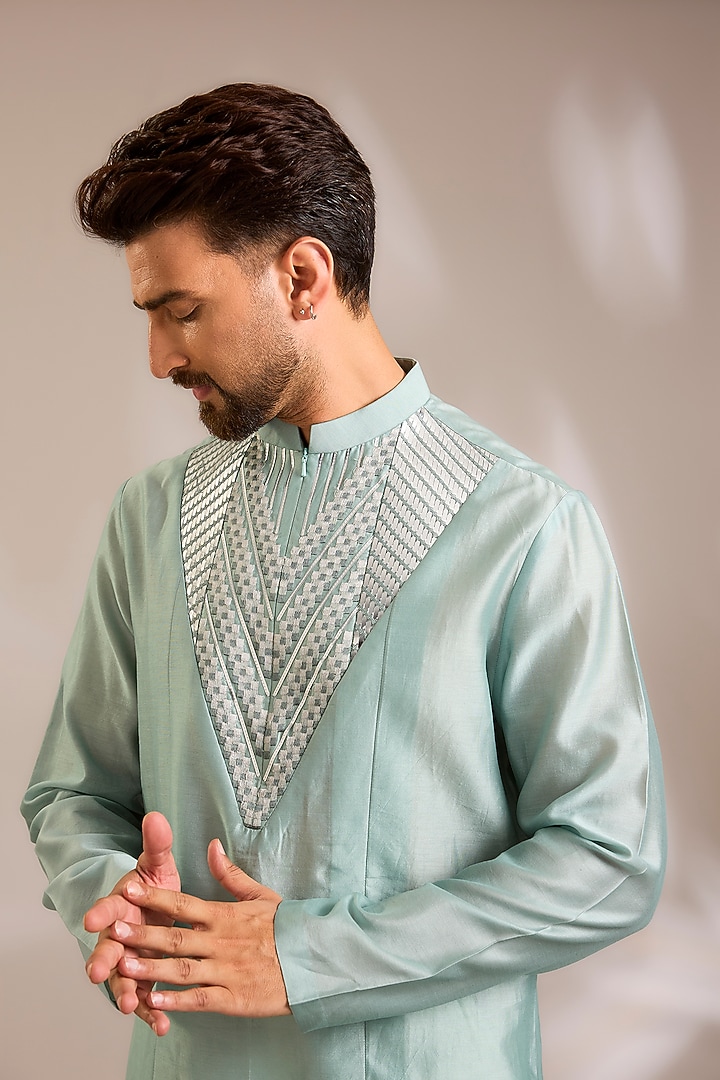 Ice Blue Chanderi Silk Kurta by Amit Aggarwal Men at Pernia's Pop Up Shop