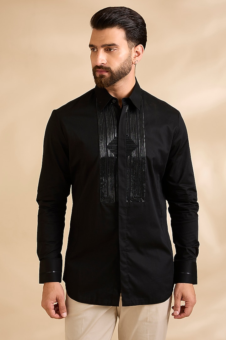 Black Satin Cotton Embroidered Wedding Shirt by Amit Aggarwal Men at Pernia's Pop Up Shop