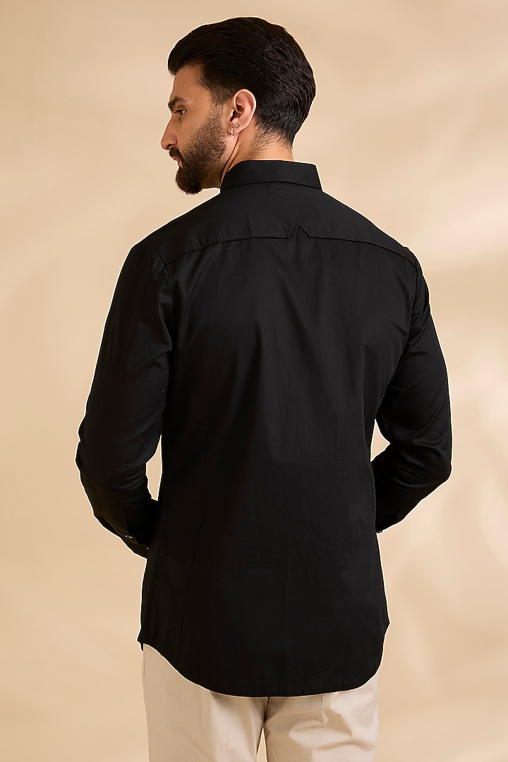 Black Satin Cotton Embroidered Wedding Shirt by Amit Aggarwal Men at Pernia's Pop Up Shop