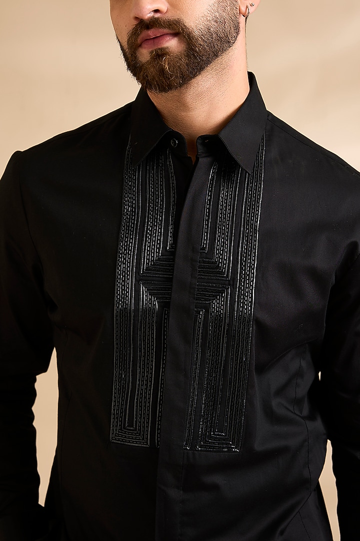 Black Satin Cotton Embroidered Wedding Shirt by Amit Aggarwal Men at Pernia's Pop Up Shop