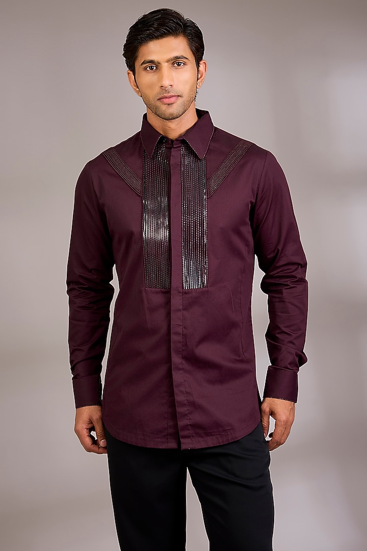 Plum Cotton Satin Wedding Shirt by Amit Aggarwal Men at Pernia's Pop Up Shop