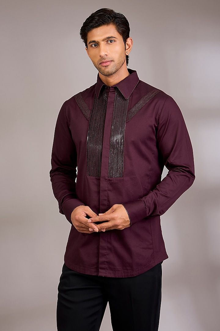 Plum Cotton Satin Wedding Shirt by Amit Aggarwal Men at Pernia's Pop Up Shop