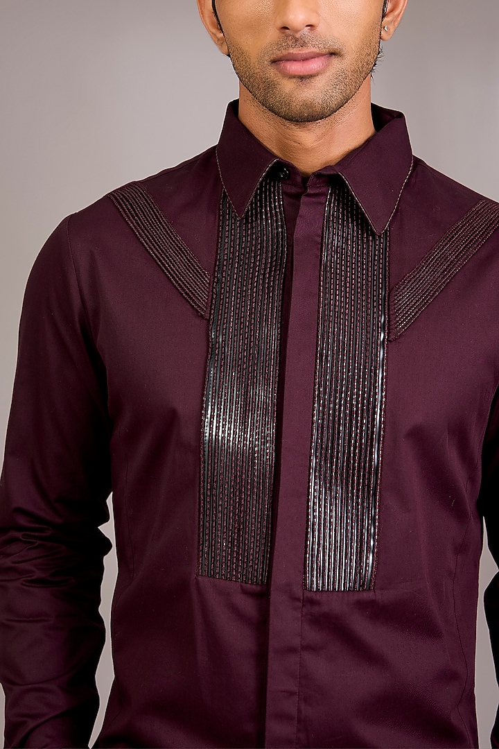 Plum Cotton Satin Wedding Shirt by Amit Aggarwal Men at Pernia's Pop Up Shop