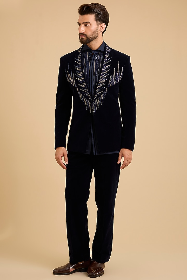 Ink Blue Velvet Tuxedo Set by Amit Aggarwal Men at Pernia's Pop Up Shop