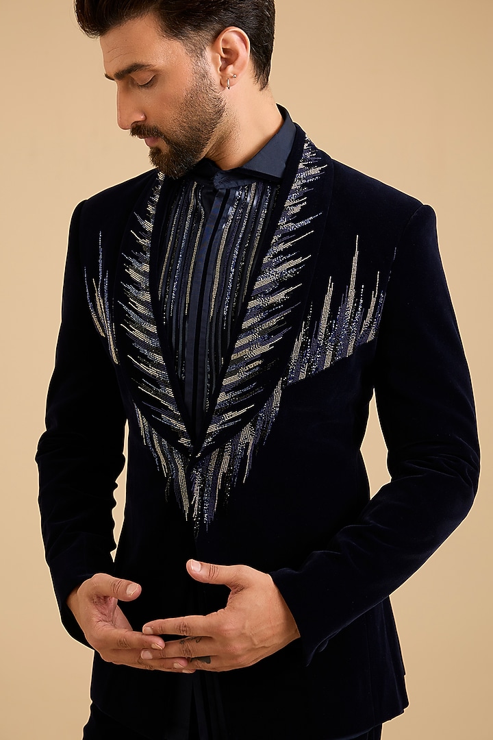 Ink Blue Velvet Tuxedo Set by Amit Aggarwal Men at Pernia's Pop Up Shop