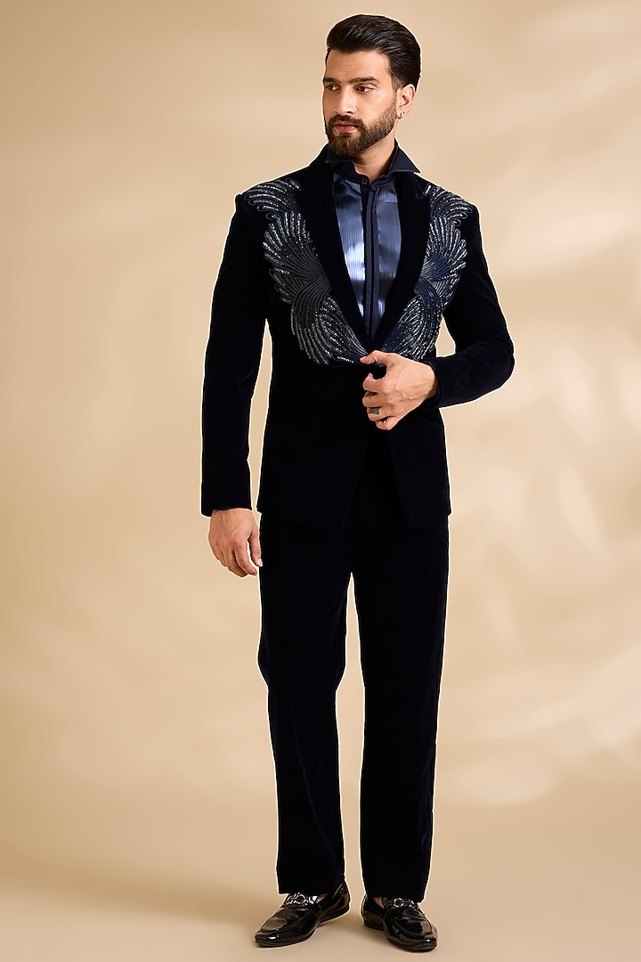 Ink Blue Velvet Embroidered Tuxedo Set by Amit Aggarwal Men at Pernia's Pop Up Shop