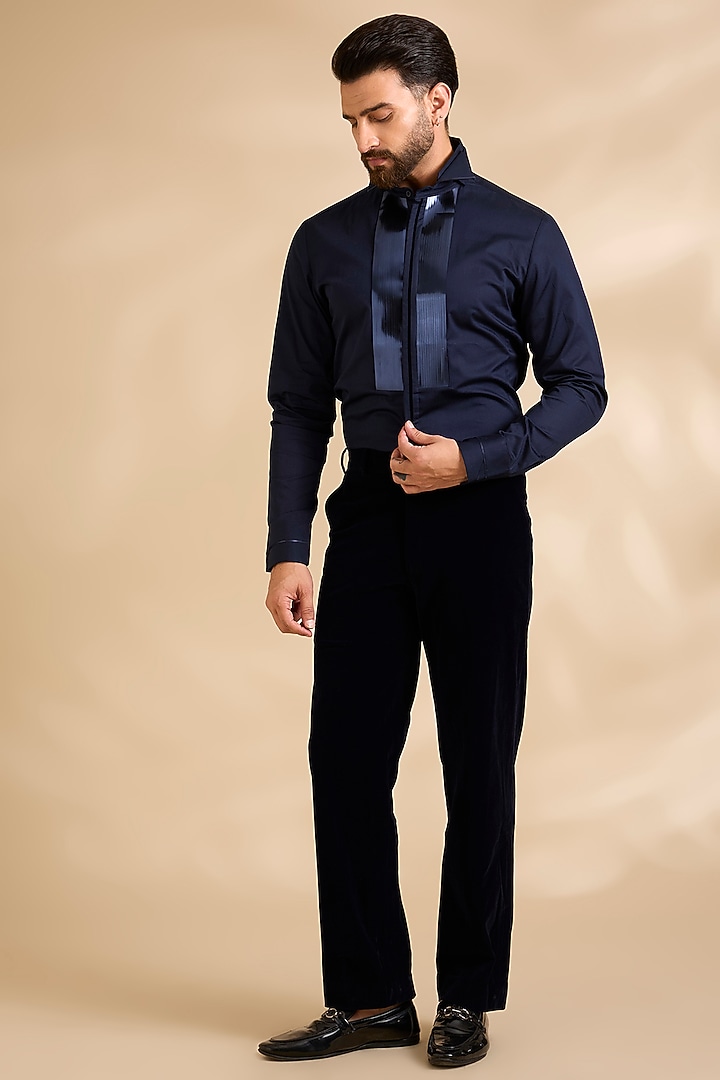 Ink Blue Velvet Embroidered Tuxedo Set by Amit Aggarwal Men at Pernia's Pop Up Shop