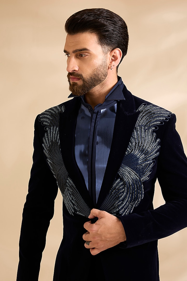 Ink Blue Velvet Embroidered Tuxedo Set by Amit Aggarwal Men at Pernia's Pop Up Shop
