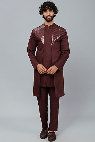 Maroon Mesh Fabric Pant Set by Amit Aggarwal Men