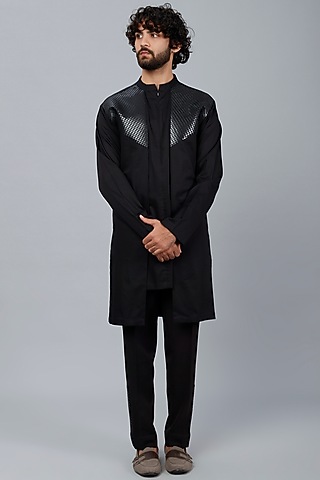 Black Mesh Fabric Pant Set by Amit Aggarwal Men