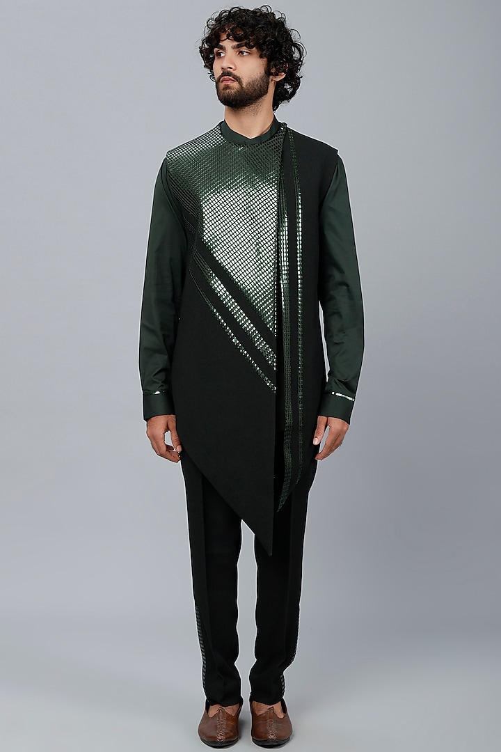 Green Stretch Crepe Tapered Pant Set by Amit Aggarwal Men