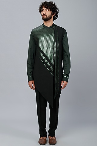 Green Stretch Crepe Tapered Pant Set by Amit Aggarwal Men