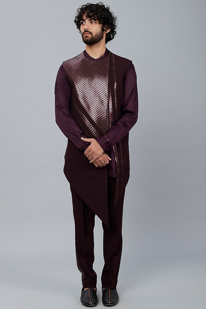 Plum Stretch Crepe Tapered Pant Set by Amit Aggarwal Men