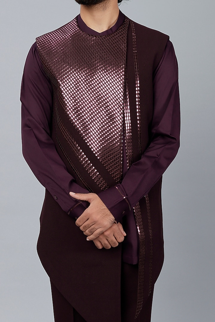 Plum Stretch Crepe Tapered Pant Set by Amit Aggarwal Men at Pernia's Pop Up Shop