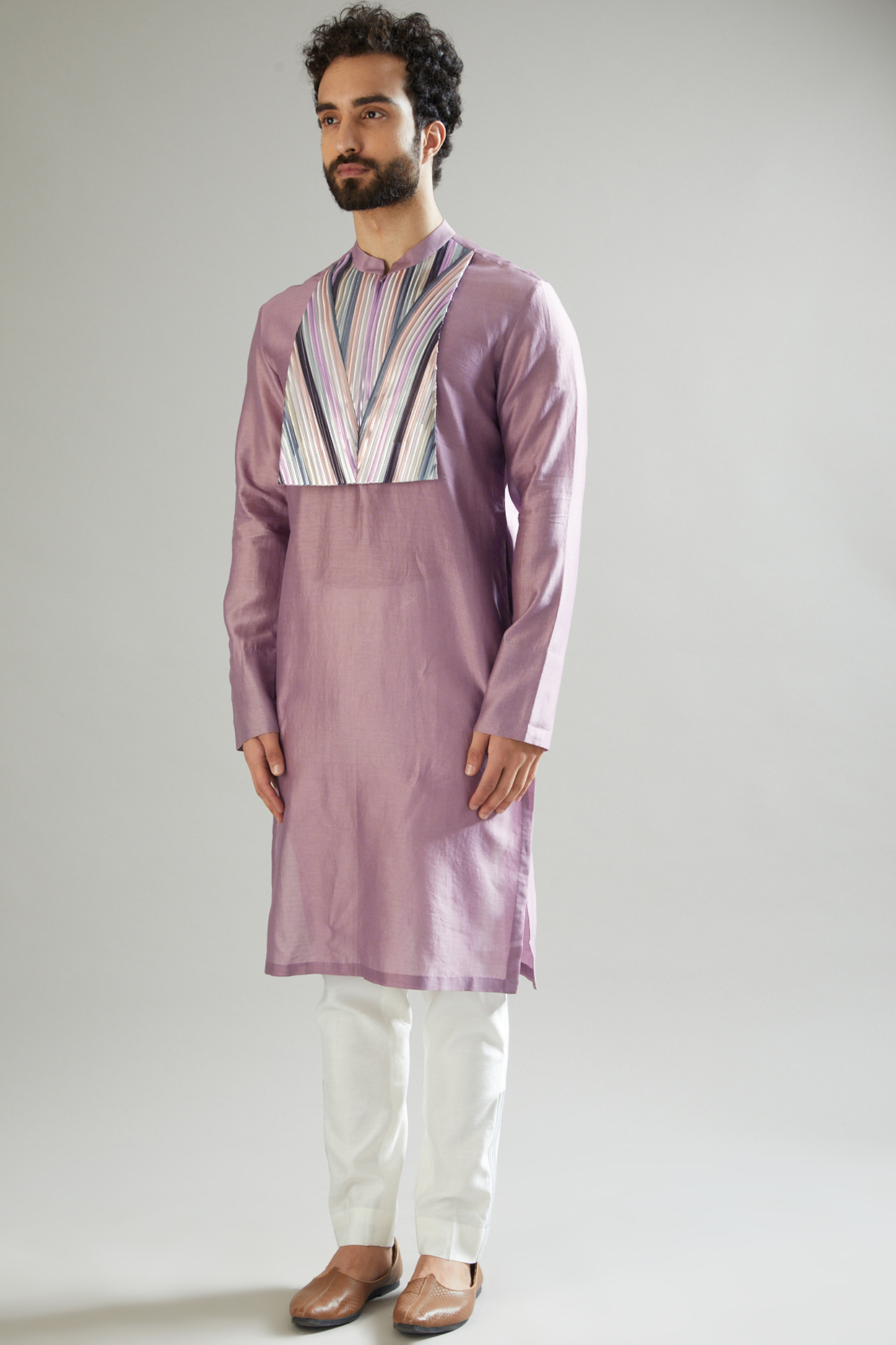 Purple Striped Fabric & Silk Chanderi Kurta Set by Amit Aggarwal Men