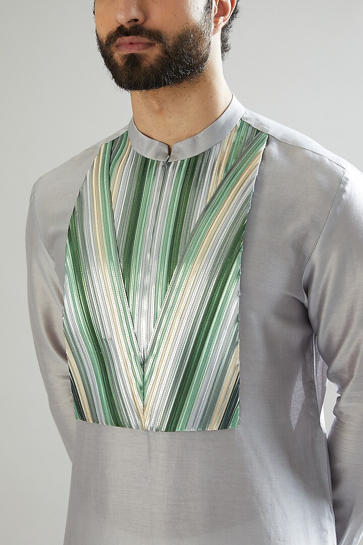 Grey Silk Chanderi Kurta Set by Amit Aggarwal Men at Pernia's Pop Up Shop